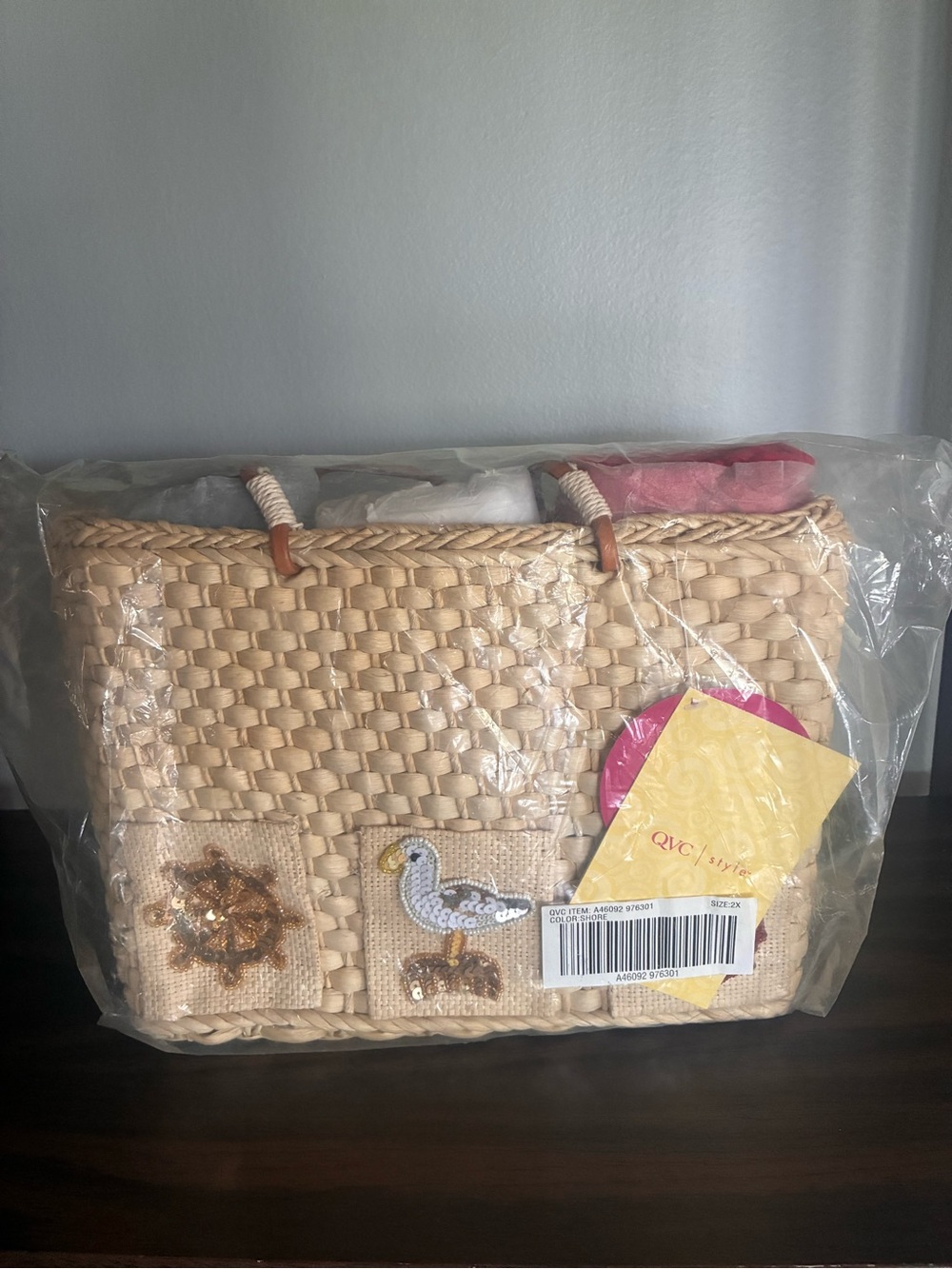 QVC Straw Tote Bag with Seagull Accent - Natural